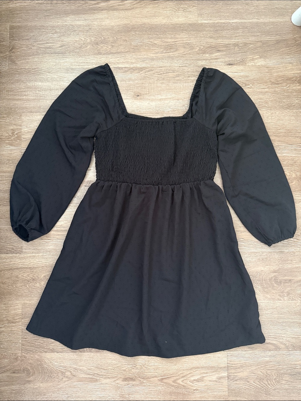 Old Navy Black Smocked-Bodice textured Mini Dress with Puff Sleeves